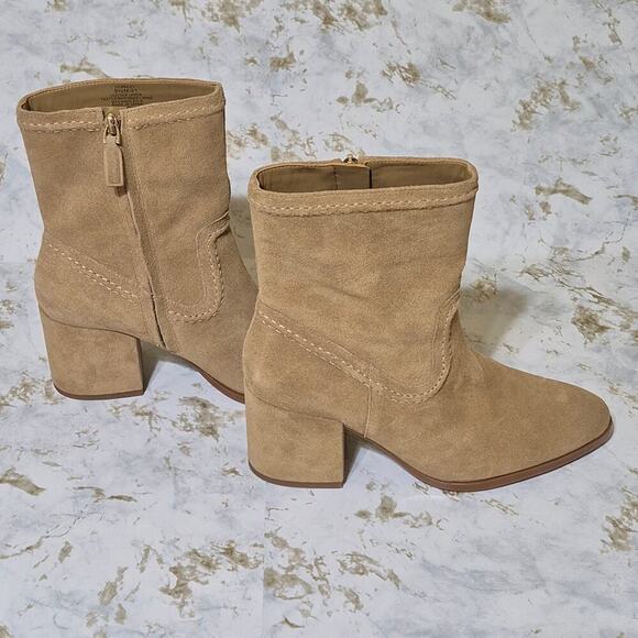 Vince Camuto Suede Ankle Boots Womens 9 1/2 M Pailey Camel Tan Block Heel Zip - Picture 2 of 11